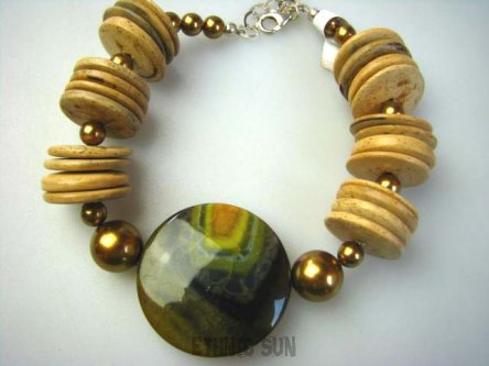 ab995 AFRYKAŃSKI WSCHÓD SŁOŃCA Etno Bransoleta KOKOS Perły AGAT Srebro