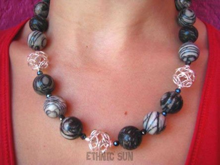 an1200 ELEGANCKI STYLOWY Naszyjnik Kolczyki JASPIS PICASSO Srebro KOMPLET