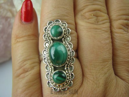 bpe5440 Przepiękny Długi 3,4 cm !! Orientalny Pierścień z malachitami MALACHIT - pobudza kreatywnośćr.17 Srebro 925 #