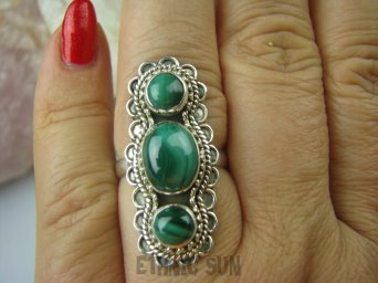 bpe5440 Przepiękny Długi 3,4 cm !! Orientalny Pierścień z malachitami MALACHIT - pobudza kreatywnośćr.17 Srebro 925 #