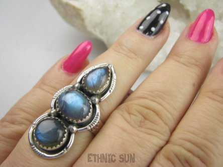 bpe9506 Biżuteria Orientalna -  Wielobarwne CUDO Długi 3.8 cm Pierścień Pierścionek Labradoryt Spektrolit kamień Zorzy Polarnej r.14 Srebro 925 #