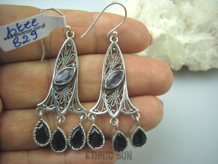 bkee829 Olśniewająco piękne Kielichy Kwiatowe !! Długie 6 cm Ażurowe Przepiękne Kolczyki RZADKI KAMIEŃ Indygolit - Wzmacnia : miłość, wierność, cierpliwość Srebro 925 