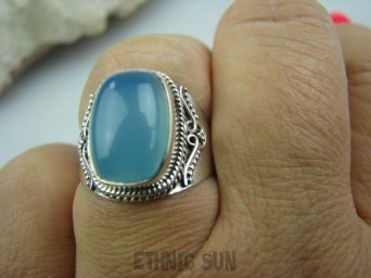 bpe5322 Delikatny Pierścień Chalcedon Zgaszony Błękit (tarczyca) CZAKRA GARDŁA r.18 zdobiona obrączka Srebro 925 #