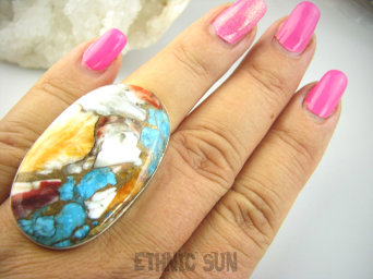 bpe9273 Wielobarwny Duży 19g Pierścień Pierścionek OSTRYGOWY TURKUS MIEDZIANY TOSTRYGA Muszla złota MIEDZ r.18 Srebro 925 #