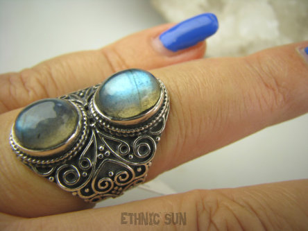 bpe6981 Biżuteria Orientalna - Egzotyczny Pierścień Labradoryt Spektrolit kamień Zorzy Polarnej r.16 zdobiona obrączka Srebro 925 #