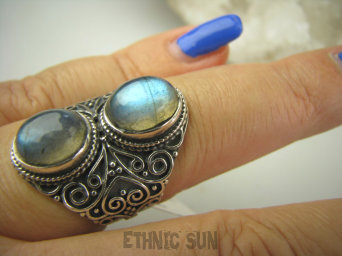 bpe6981 Biżuteria Orientalna - Egzotyczny Pierścień Labradoryt Spektrolit kamień Zorzy Polarnej r.16 zdobiona obrączka Srebro 925 #