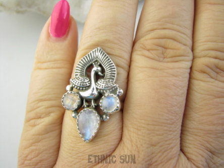 bpe9366 TĘCZOWY BARWNY Pierścień Pierścionek Królewski Paw oraz Kamień Księżycowy r.16 Srebro 925 #