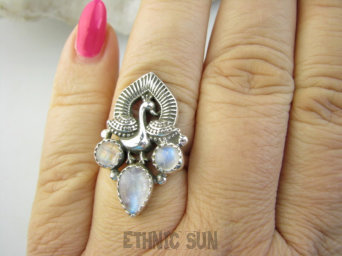 bpe9366 TĘCZOWY BARWNY Pierścień Pierścionek Królewski Paw oraz Kamień Księżycowy r.16 Srebro 925 #