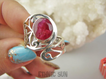 bpee4388 Rubinowy Artysta Ażurowy Regulowany Pierścień Pierścionek Rubin Indyjski Rubiny r.14, r.15, r.16 szeroka obrączka Srebro 925