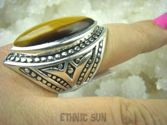 bpe5506 KOLOS DUŻY Pierścień Tygrysie Oko Wspomaga Oczy Astma Krążenie i TRAWIENIE r.18/ r.19 Srebro 925 #