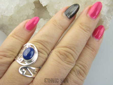 bpe9313 Artystyczny Ażurowy Lśniący Regulowany Pierścień Pierścionek Lapis Lazuli r.17, r.18, r.19 szeroka obrączka Srebro 925