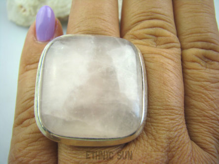 bpe4941 Pastelowo - Różowy Kwadrat  OKAZ  3,3cm na 3,1cm !  Pierścień KWARC Różowy Kamień mocnego SERCA r.17 Srebro 925 #