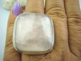 bpe4941 Pastelowo - Różowy Kwadrat  OKAZ  3,3cm na 3,1cm !  Pierścień KWARC Różowy Kamień mocnego SERCA r.17 Srebro 925 #