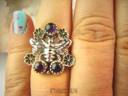 bpe9181 Cudowny Pierścień z Pszczółką Pierscionek Ametyst, Pszczoła - symbolizuje pracowitość, harmonię, porządek i mądrość r.15 Srebro 925 #