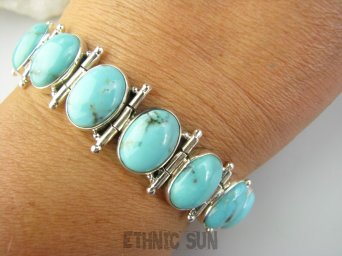 bb3803 CUDOWNA Duża 29 g!! Bransoleta Bransoletka z Naturalnymi Turkusami - 8 sztuk !!! Turkus ARIZONA Turkusy Srebro 925 #