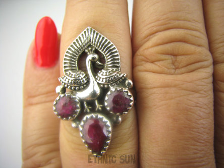 bpee4315 Egzotyczny Pierścień Pierscionek Królewski Paw oraz Rubin Indyjski Rubiny r.15 Srebro 925 #