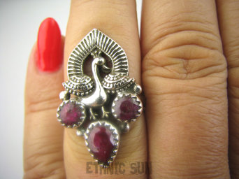 bpee4315 Egzotyczny Pierścień Pierscionek Królewski Paw oraz Rubin Indyjski Rubiny r.15 Srebro 925 #