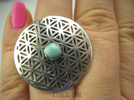bpe4250 Obracający się KWIAT ŻYCIA - SILNY AMULET OCHRONNY !!!! Ażurowy Pierścień Turkus Turkusy  r.16 SREBRO 925 #