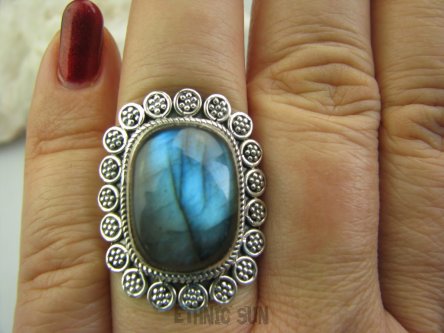 bpe4429 Czarodziejsko Piękny Orientalny Pierścień Labradoryt Spektrolit - kamień Zorzy Polarnej r.16 Srebro 925 #