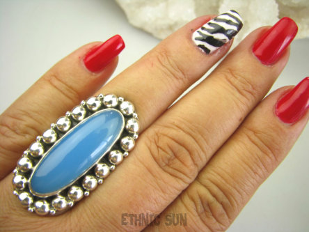 bpe8006 Niebiańska Piękność Długi 4 cm Pierścień niebieski CHALCEDON czakra gardła (TARCZYCA) r.18 Srebro 925 #