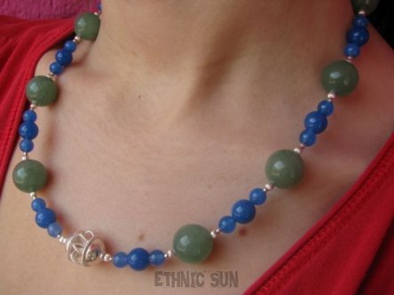 an1435 Barwny Śliczny Naszyjnik Kolczyki NEFRYT Agat niebieski SREBRO