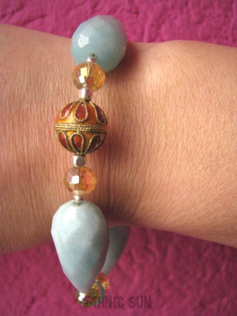 bb263  Śliczna Błękitno Niebieska Bransoleta AMAZONIT Cloisonne Kryształki SREBRO 925