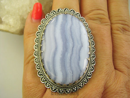 bpe9740 FENOMENALNY śliczny OKAZ 27 gramów CUDNY Pierścień Pierścionek KORONKOWY Niebieski AGAT BLUE LACE kamień spokoju STRES, regulowany r.17 r.18, r.19, r.20, r.21, r.22 Srebro 925 #