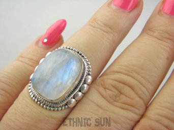 bpe9454 Niebieski kamień z  TĘCZA - Cudowny Pierścień Wielokolorowy KAMIEŃ KSIĘŻYCOWY Z TĘCZĄ r.14 Srebro 925 #