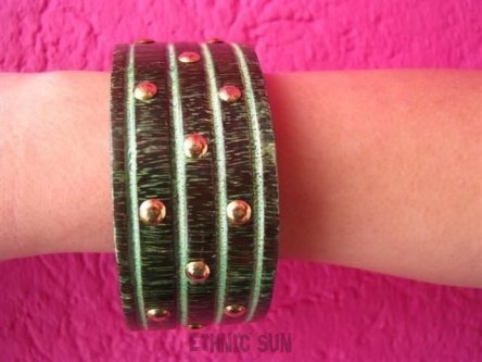 ab758 SZEROKA Bransoleta EGZOTYCZNE MALOWANE DREWNO Ćwieki Brass
