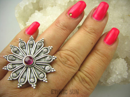 bpe7028 Egzotyczny Kwiat !!! Duży Pierścień Różowy Rubin Indyjski REGULOWANY r.17, r.18, r.19, r.20, r.21, r.22, r.23 SREBRO 925 #