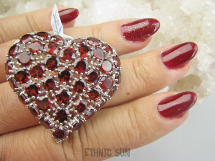 bwee2350 Namiętne Serce -  CZERWONE Granaty Elegancki Duży 4,1/ 4,2cm Wisior Serca z granatami Srebro 925 rodowane #