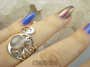 bpe9320 Niezwykły Artysta Ażurowy Regulowany Pierścień Pierścionek naturalny Kwarc Różowy r.14, r.15, r.16 szeroka obrączka Srebro 925