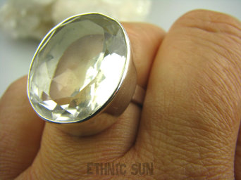 bpee2096 BŁYSZCZĄCY Duży SKARB Pierścień KRYSZTAŁ GÓRSKI - naturalny odpromiennik r.17/ r.18 Srebro 925 #