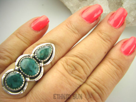 bpee4211 Długi 3.7 cm WSPANIAŁY KUNSZTOWNY Pierścień SZMARAGD INDYJSKI Szmaragdy r.17/ r.18 SREBRO 925 #