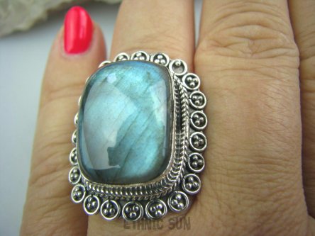 bpe5330  MAX BLASK FENOMENALNY Czarodziejsko Piękny Orientalny Pierścień Niebieski Labradoryt Spektrolit - kamień Zorzy Polarnej r.16 Srebro 925 #