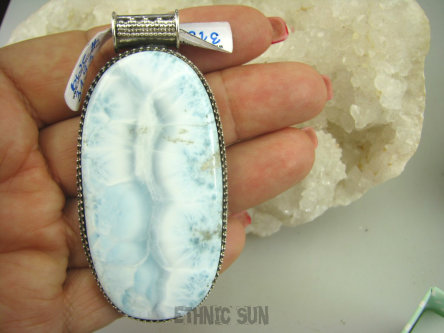 bwe3193 ZJAWISKOWY WISIOR Gigant DŁUGI 7.4 cm !!!! Aż 33 gramy !!!Naturalny rzadki kamień LARIMAR kamień ANIELSKI czakra gardła SREBRO 925 #