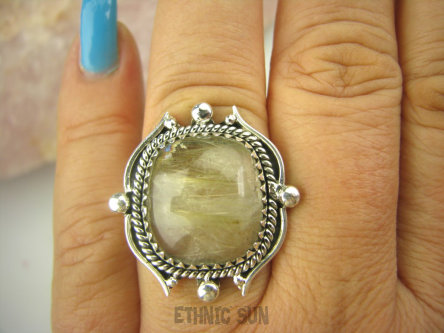 bpe8472 FINEZYJNY Pierścień ZŁOTE włosy WENUS w zachwycającej oprawie  !!! Pierścionek KWARC z RUTYLEM r.18 SREBRO 925 #