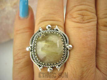 bpe8472 FINEZYJNY Pierścień ZŁOTE włosy WENUS w zachwycającej oprawie  !!! Pierścionek KWARC z RUTYLEM r.18 SREBRO 925 #