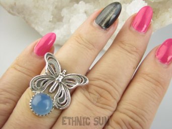 bpe9371 CUDO FILIGRAN! Ażurowy MOTYL - Symbol Miłości Szczęścia i Radości Pierścień, Pierścionek Chalcedon r.14 Srebro 925 #