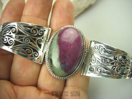 bb2970 KASETOWA Masywna 51 gramów !!! WYGODNA NA MAXA leży jak zegarek cudnie zdobiona DUŻA BRANSOLETA Naturalny Zoisyt z Rybinem Srebro 925 #