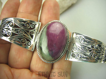 bb2970 KASETOWA Masywna 51 gramów !!! WYGODNA NA MAXA leży jak zegarek cudnie zdobiona DUŻA BRANSOLETA Naturalny Zoisyt z Rybinem Srebro 925 #