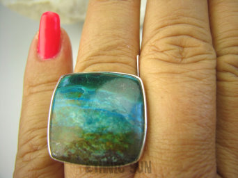 bpe8162 MORSKA BRYZA !!! Klasyczny piękny Pierścień AZURYT Z CHRYZOKOLĄ RZADKOŚĆ - Piękny Kolor r.21 Srebro 925 #