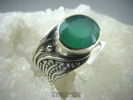 bpee3334 CUDOWNY Pierścień Obrączka szlifowany ZIELONY ONYKS  r.19/ r.20 szeroka obrączka Srebro 925 #