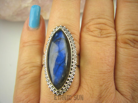 bpe8446 Czarodziejsko Piękny CUDOWNY Orientalny Pierścień Labradoryt Spektrolit - kamień Zorzy Polarnej r.18 Srebro 925 #