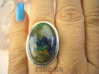 bpe8507 Kojące kolory ziemi Pierścień Pierścionek AZURYT Z CHRYZOKOLĄ  r.17 lśniące Srebro 925 #