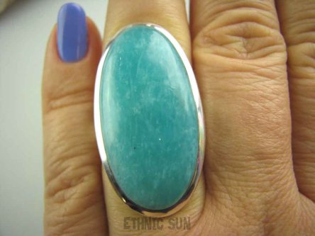 bpe3559 LAZUROWA AMAZONKA !!! Długi CUDOWNY 3,7 cm Klasyczny Pierścień Amazonit -  Kamień Marzeń i realizacji r.16 lśniące Srebro 925 #