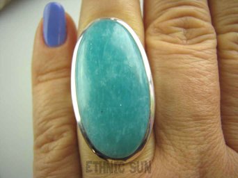 bpe3559 LAZUROWA AMAZONKA !!! Długi CUDOWNY 3,7 cm Klasyczny Pierścień Amazonit -  Kamień Marzeń i realizacji r.16 lśniące Srebro 925 #