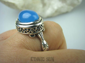 bpe5511 Cudny Wysoki PIERŚCIEŃ Niebieski CHALCEDON - czakra gardła r.21 Srebro 925 #