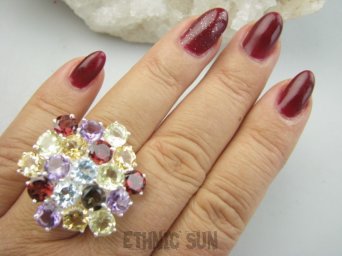 bpee4542 BOSKO PIĘKNY WIELOBARWNY Pierścień Pierścionek naturalny Cytryn, Ametyst, Blue Topaz, Granat, Kwarc Dymny r.18 SREBRO 925 #