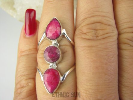 bpee3923 Długi 3.4 cm Finezyjny Ażurowy Pierścień podwójna obrączka Rubin Indyjski Rubiny r.15/ r.16 Srebro 925